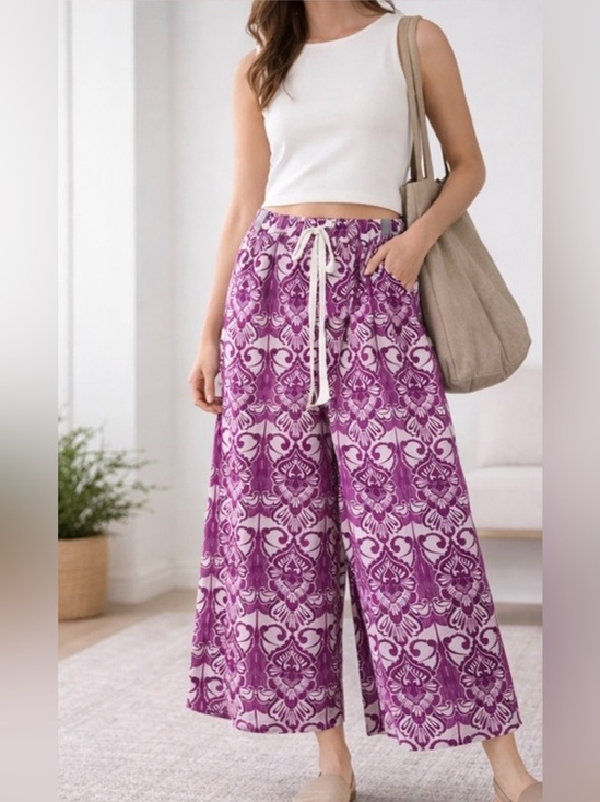 Alexis Pants - ALEXIS Purple Boho Wide Leg Pants Size L High Waist Drawstring Statement Print